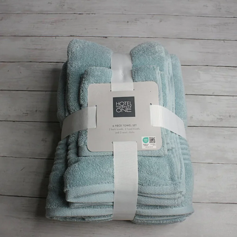 Hotel Bath Towel Set 100% Cotton Aqua Blue Hand Towels Washcloth 6 Piece